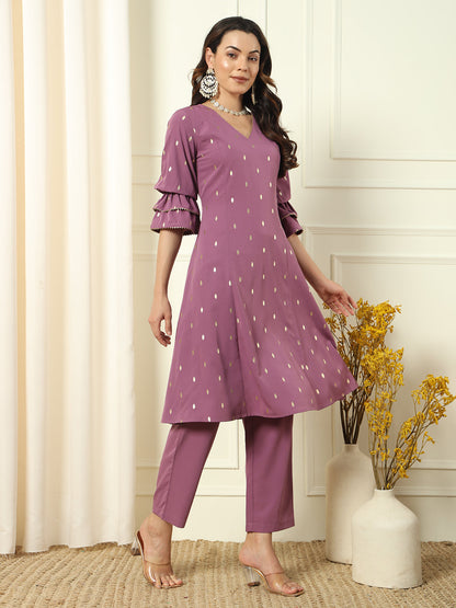 Women's Lavender Crepe Flared Kurta and Pant With Dupatta