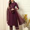 Women's Wine Crepe Flared Kurta and Pant With Dupatta