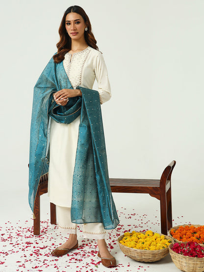 Women's Off White Silk Blend Nayra Cut Kurta and Palazzo With Embroidered Dupatta