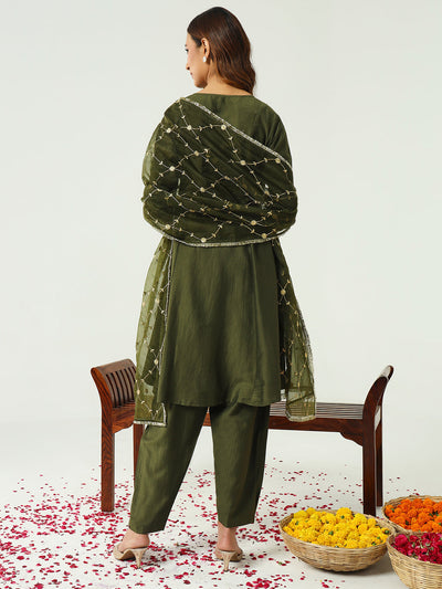 Women's Green Silk Blend Angrakha Kurta with Pant and Dupatta