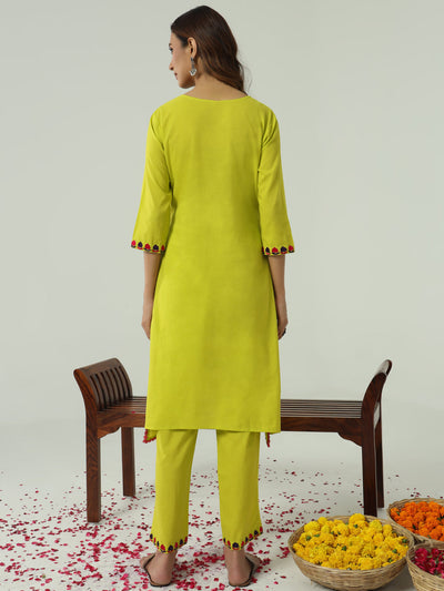 Indyancart FL Women's Lime yellow Cotton Flared Kurta Set