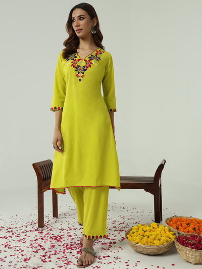 Indyancart FL Women's Lime yellow Cotton Flared Kurta Set
