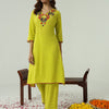 Dhiyona FL Women's Lime yellow Cotton Flared Kurta Set