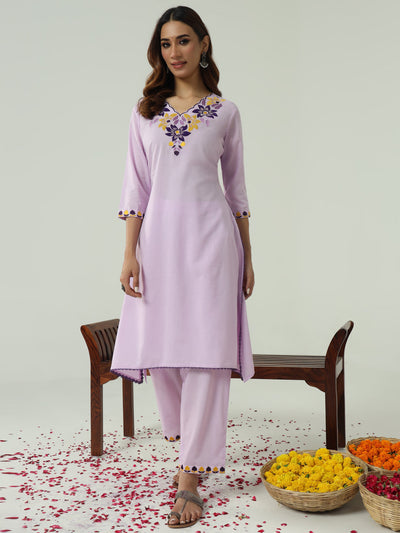 Indyancart FL Women's Lavender Cotton Flared Kurta Set