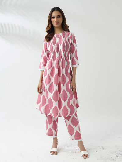 Indyancart FL Women's Pink Cotton Flared Kurta Set