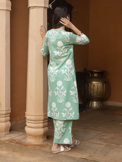 Indyancart FL Women's Pista Green Cotton Flared Kurta Set