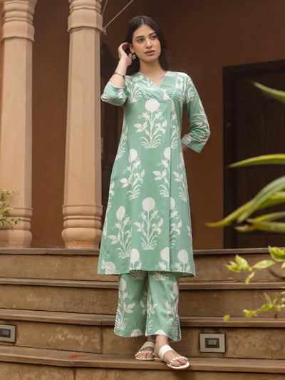 Indyancart FL Women's Pista Green Cotton Flared Kurta Set
