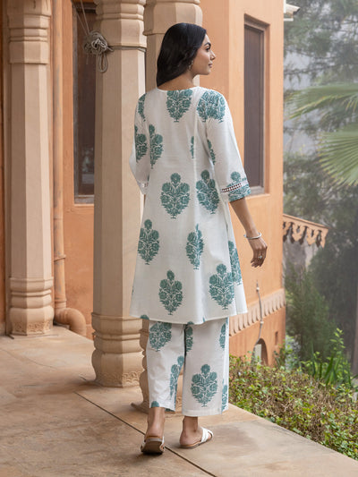 Indyancart FL Women's White Cotton Flared Kurta Set