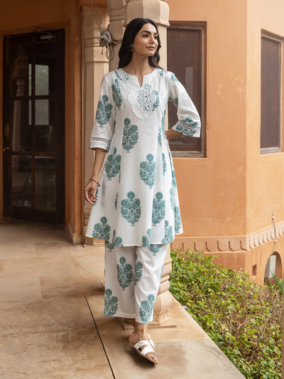 Indyancart FL Women's White Cotton Flared Kurta Set