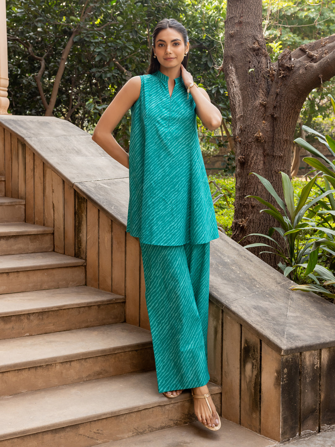 Indyancart FL Women's Teal Green Cotton Printed Co-ord Set