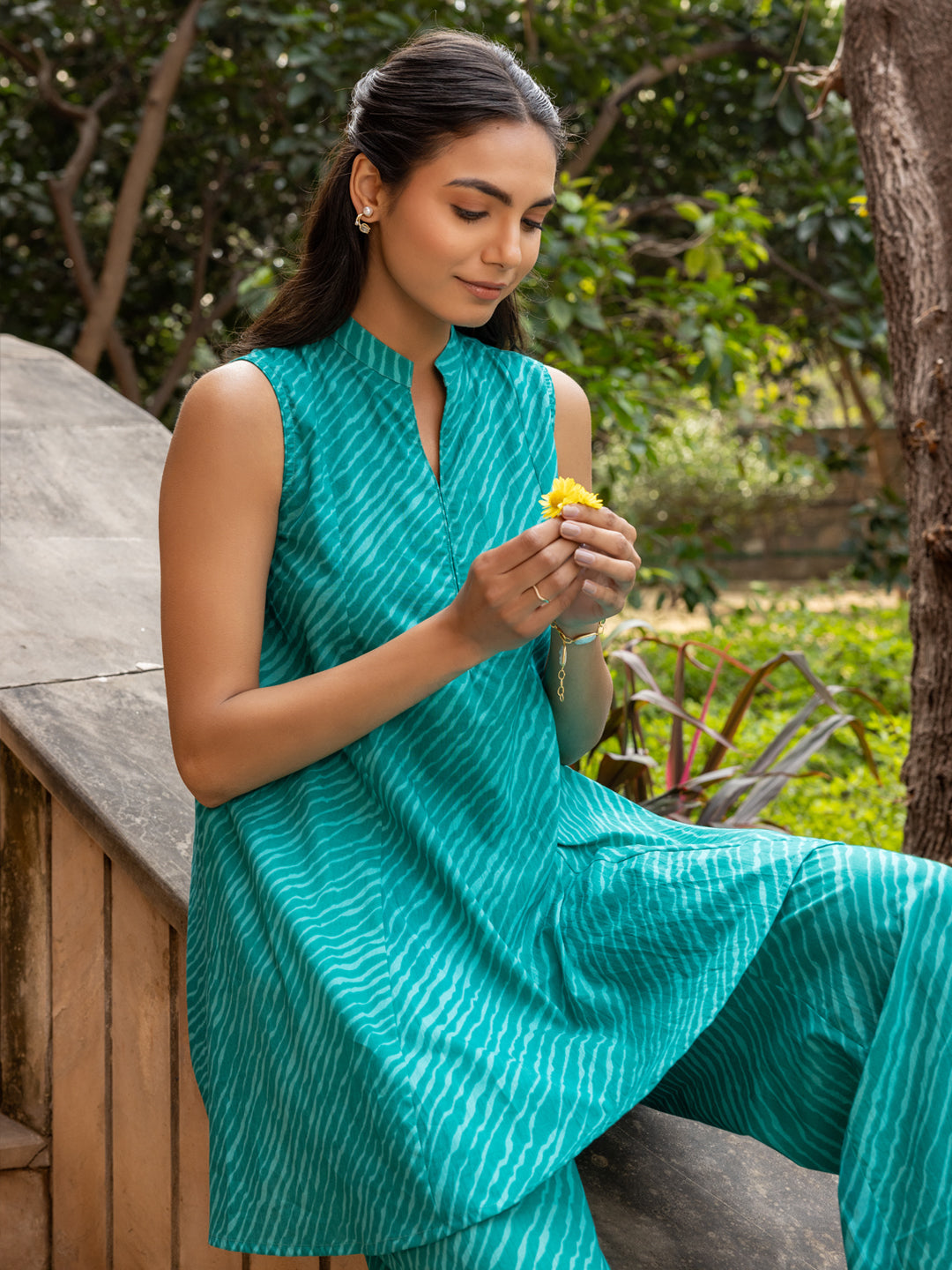 Indyancart FL Women's Teal Green Cotton Printed Co-ord Set