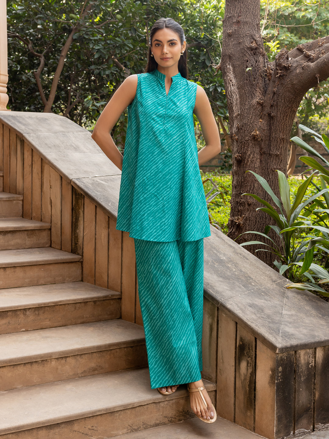 Indyancart FL Women's Teal Green Cotton Printed Co-ord Set
