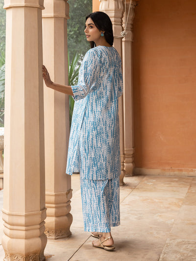 Indyancart FL Women's Sky Blue Cotton Straight Kurta Set