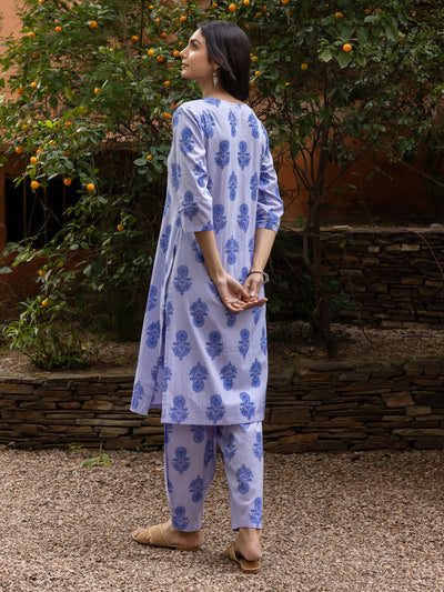 Indyancart FL Women's Blue Cotton Flared Kurta Set