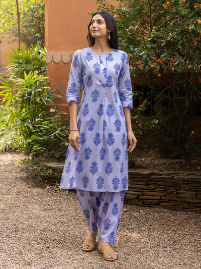 Indyancart FL Women's Blue Cotton Flared Kurta Set