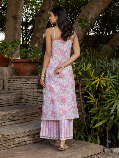 Indyancart FL Women's Lilac Cotton Straight Kurta Set