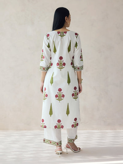 Indyancart FL Women's Off-White Floral Print Cotton Straight Kurta Set