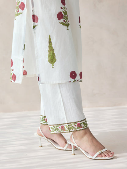 Dhiyona FL Women's Off-White Floral Print Cotton Straight Kurta Set