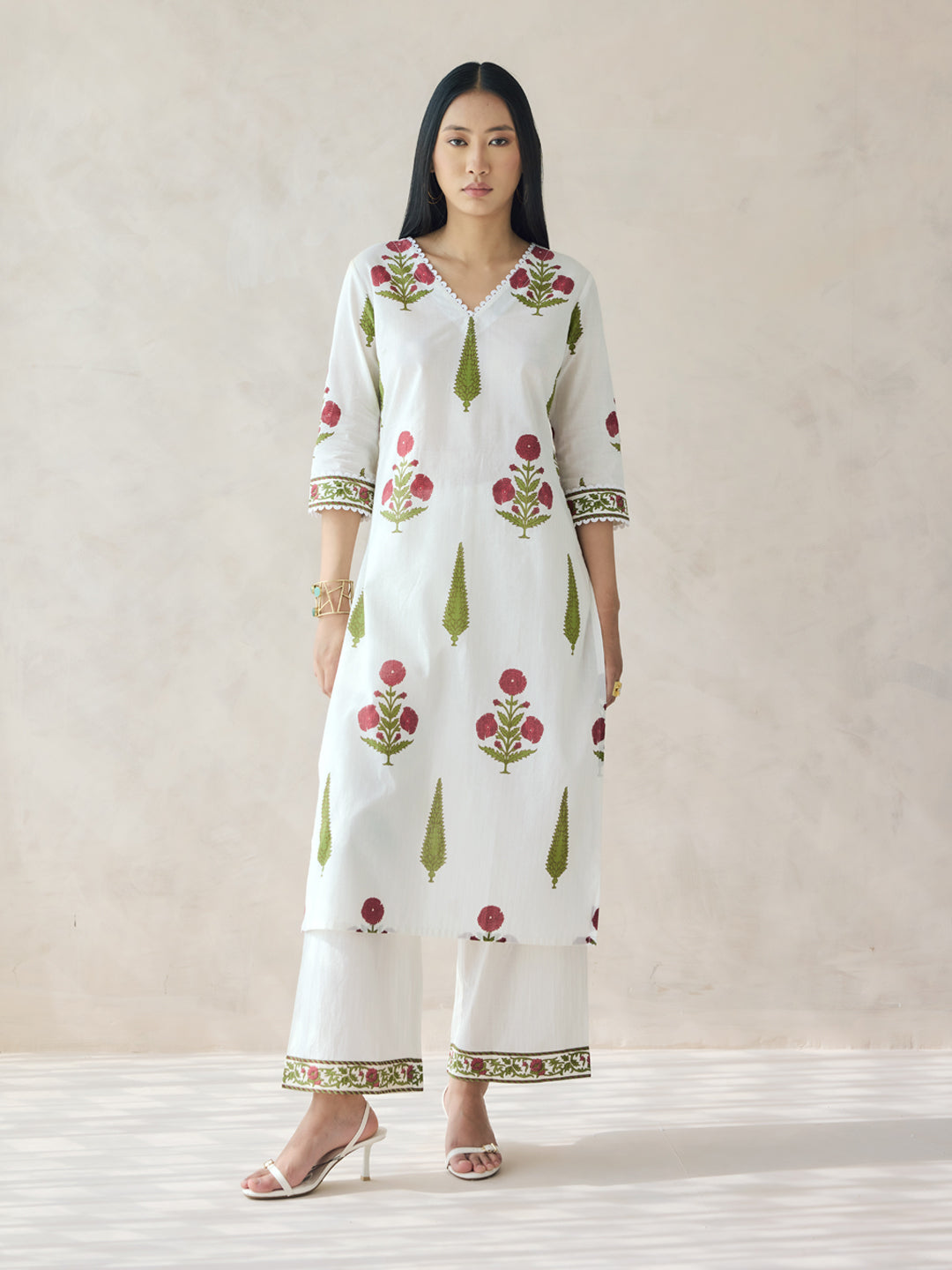 Dhiyona FL Women's Off-White Floral Print Cotton Straight Kurta Set
