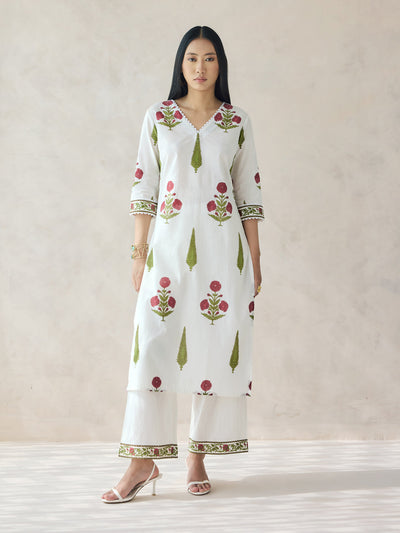 Indyancart FL Women's Off-White Floral Print Cotton Straight Kurta Set