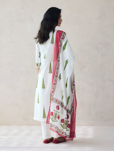Indyancart FL Women's Off-White Printed Anarkali Kurta Set with Dupatta