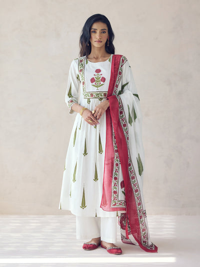 Indyancart FL Women's Off-White Printed Anarkali Kurta Set with Dupatta