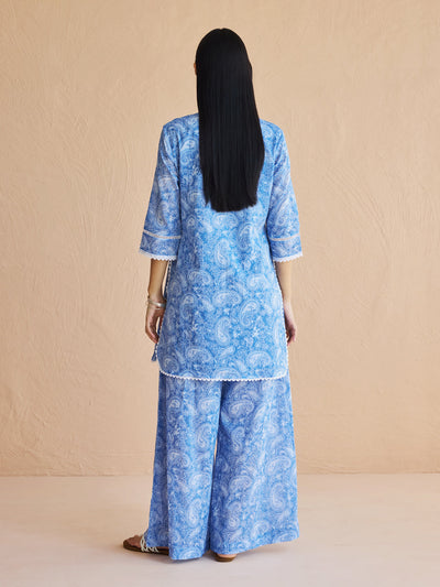 Indyancart FL Women's Blue Paisley Printed Cotton Kurta Set with Dupatta