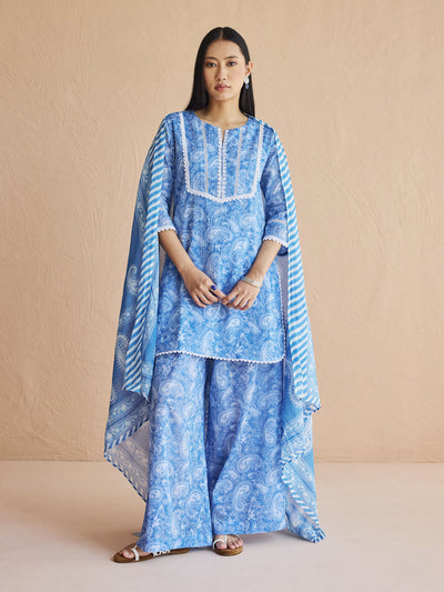 Indyancart FL Women's Blue Paisley Printed Cotton Kurta Set with Dupatta