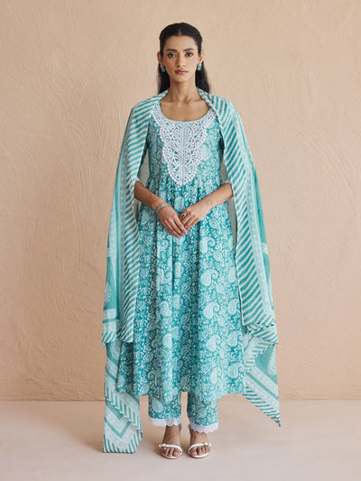 Indyancart FL Women's Firozi Printed Cotton Anarkali Kurta Set with Dupatta