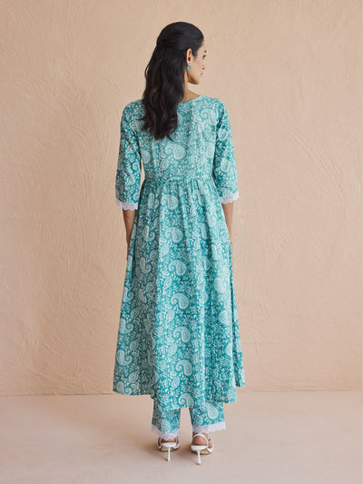 Indyancart FL Women's Firozi Printed Cotton Anarkali Kurta Set with Dupatta