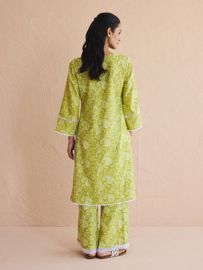 Indyancart FL Women's Lime Green Paisley Printed Cotton Straight Kurta Set