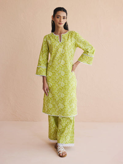 Indyancart FL Women's Lime Green Paisley Printed Cotton Straight Kurta Set