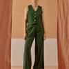 Dhiyona FL Women’s Green Linen Blend Sleeveless V Neck Relaxed Fit Co Ord Set
