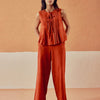 Dhiyona FL Women’s Rust Linen Blend Pleated Loose Relaxed Fit Co Ord Set