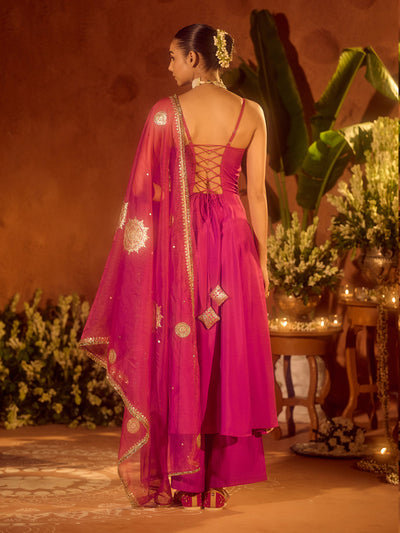 Indyancart FL Women's Pink Viscose Chanderi Embroidered & Gota Patti Work Ethnic A-Line Kurta Set with Dupatta