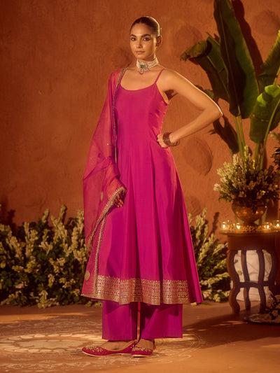 Indyancart FL Women's Pink Viscose Chanderi Embroidered & Gota Patti Work Ethnic A-Line Kurta Set with Dupatta