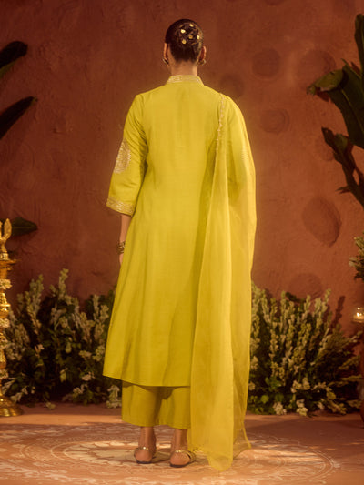 Indyancart FL Women's Lime Green Viscose Chanderi Embroidered & Gota Patti Work Ethnic A-Line Kurta Set with Dupatta
