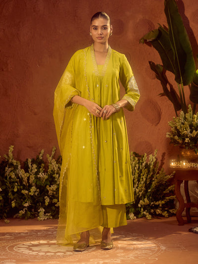 Indyancart FL Women's Lime Green Viscose Chanderi Embroidered & Gota Patti Work Ethnic A-Line Kurta Set with Dupatta