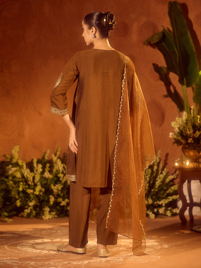 Indyancart FL Women's Brown Viscose Chanderi Embroidered & Gota Patti Work Ethnic A-Line Kurta Set with Dupatta