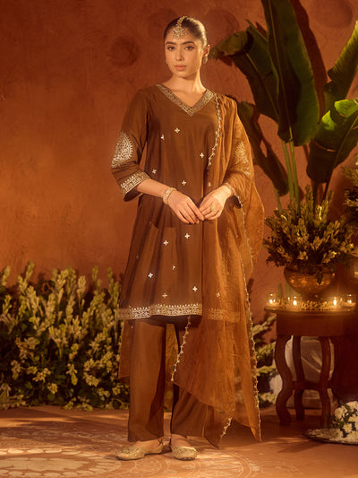 Indyancart FL Women's Brown Viscose Chanderi Embroidered & Gota Patti Work Ethnic A-Line Kurta Set with Dupatta