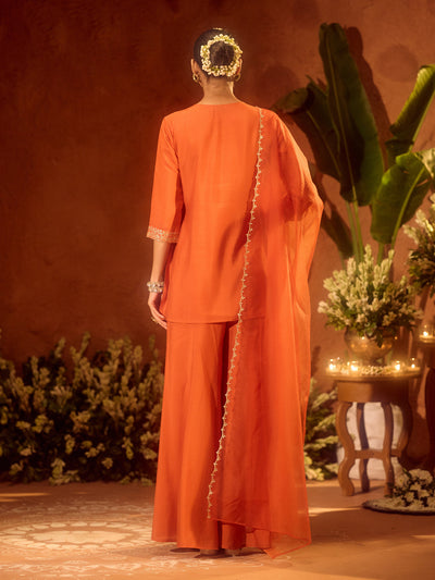 Indyancart FL Women's Orange Viscose Chanderi Embroidered Ethnic Straight Kurta Set with Dupatta