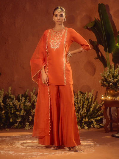 Indyancart FL Women's Orange Viscose Chanderi Embroidered Ethnic Straight Kurta Set with Dupatta
