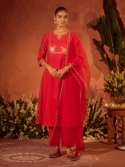 Indyancart FL Women's Red Viscose Chanderi Embroidered Ethnic A-Line Kurta Set with Dupatta