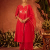Dhiyona FL Women's Red Viscose Chanderi Embroidered Ethnic A-Line Kurta Set with Dupatta