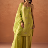 Dhiyona FL Women Lime Green Tissue Blend Hand Embellished Kurta Set with Dupatta