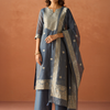 Dhiyona FL Women Blue Cotton Blend Jacquard Woven Kurta Set with Dupatta