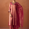 Dhiyona FL Women Rose Pink Tissue Blend Hand Embroidered Kurta Set with Dupatta