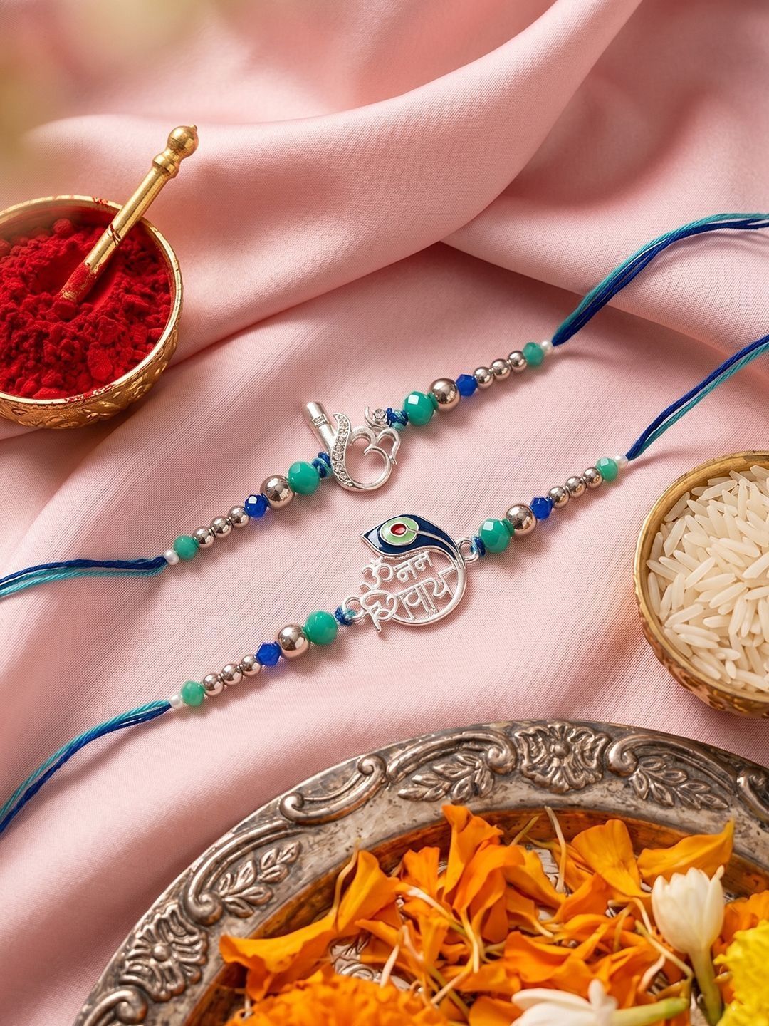 Anouk Set Of 2 Silver Toned Beaded Religious Thread Rakhi With Roli Chawal Chandan Mishri