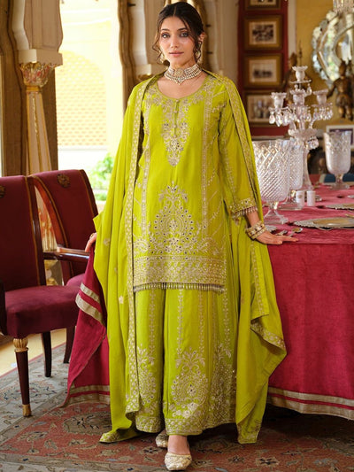 Indyancart IE Floral Embroidered Zari Kurta With Palazzos & Dupatta
