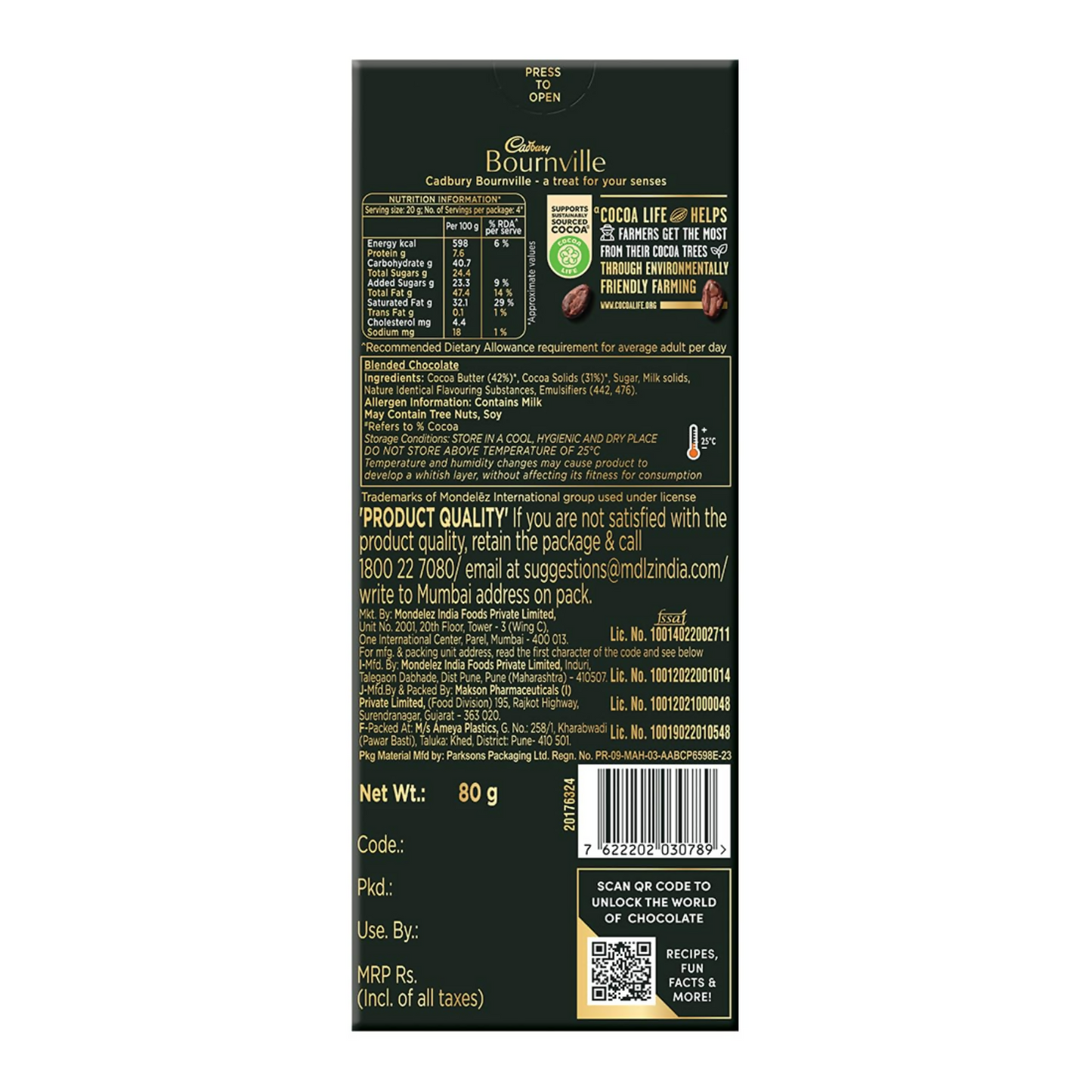 Cadbury Bournville 70% dark chocolate bar showing the chocolate piece with rich cocoa texture and packaging.